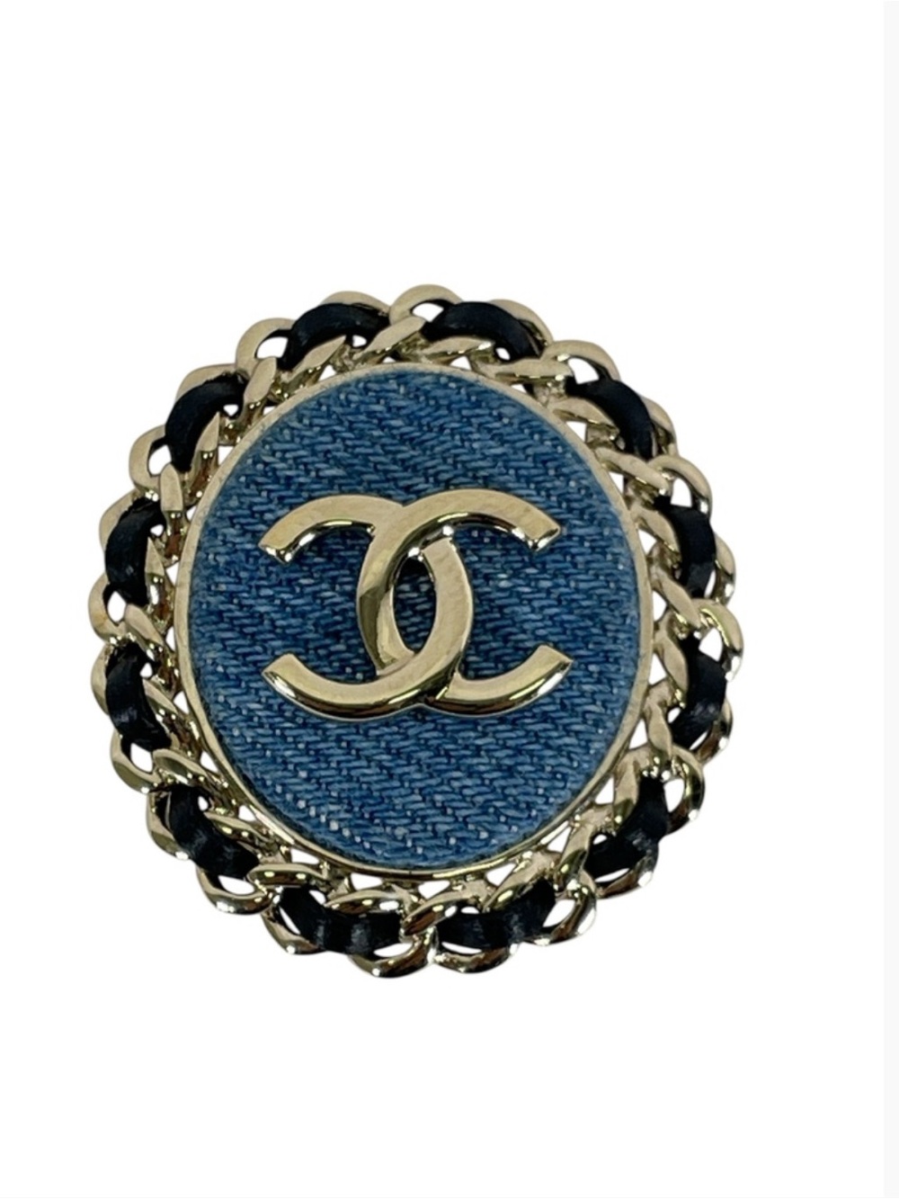 Like new Chanel Blue Denim CC Logo Button Brooch comes w/ pouch box & auth